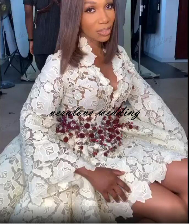 Arabic Aso Ebi Lace Wedding Dress A Line V-neck Long Sleeves Short Bridal Gowns Custom Size Wedding Gown for Women