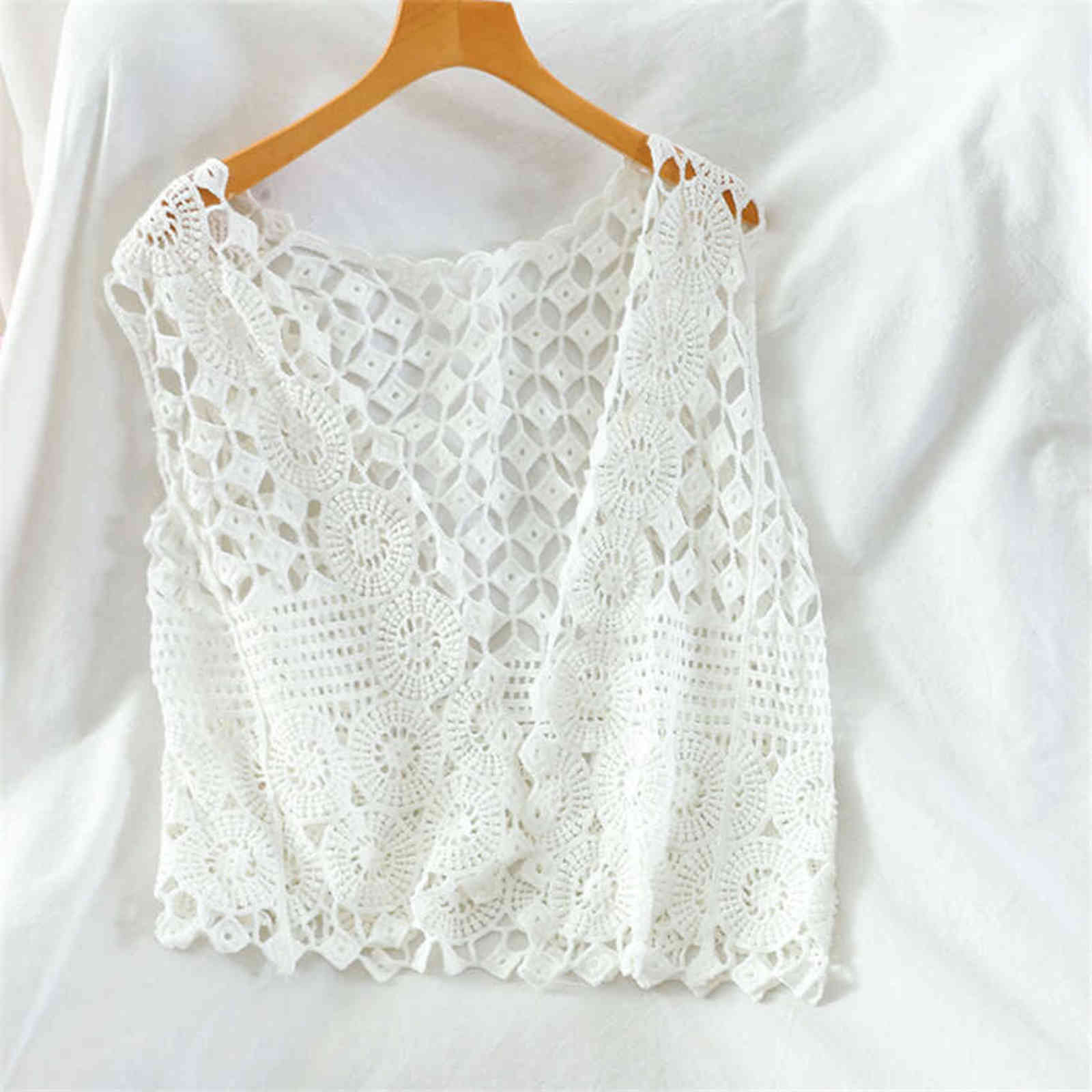Spring Summer Sexy Hollow Out Lace Top Vest Crochet Sleeveless Waistcoat Women Open Stitch Short Outwear Chalecos Para Mujer 211120