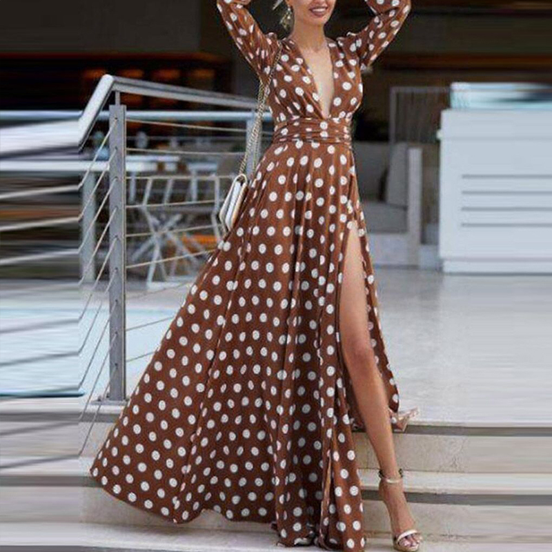 Paris Girl Polka Dot Dress Red Long Sleeve Summer Dress Women Boho Dresses Ladies Sexy High Split Tunic Women Long Dress Summer 210303