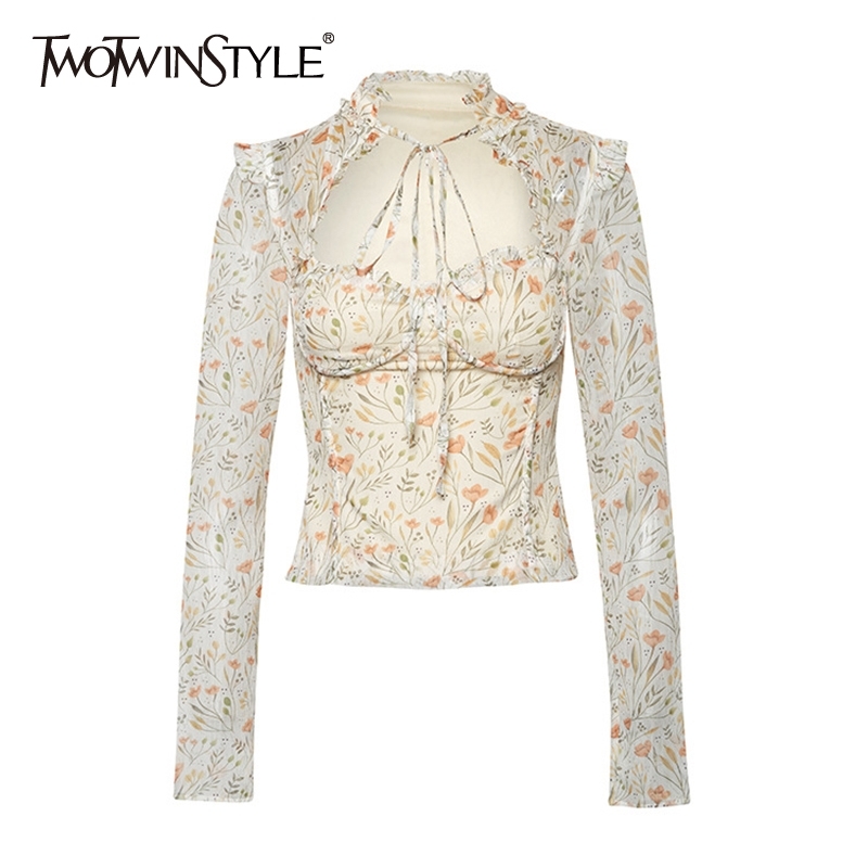 TWOTWINSTYLE Casual Print Women Shirts O Neck Long Sleeve Patchwork Ruffles Hit Color Lace Up Bow Hollow Out Blouses Female Tide 210225
