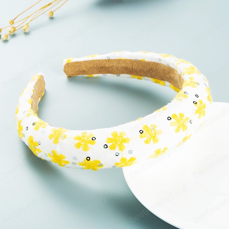 Elegant Korean Embroidery Flower Headband Temperament Sparkly Sequins Thick Sponge Hairband Girls Party Jewelry Bezel