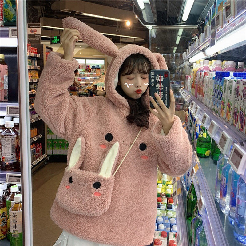 EACHIN Women Warm Cute Bunny Hoodies Grils Long Sleeve Fashion Lovely Rabbit Bag Hooded Female Winter Loose Casual Sweatshirts 201203