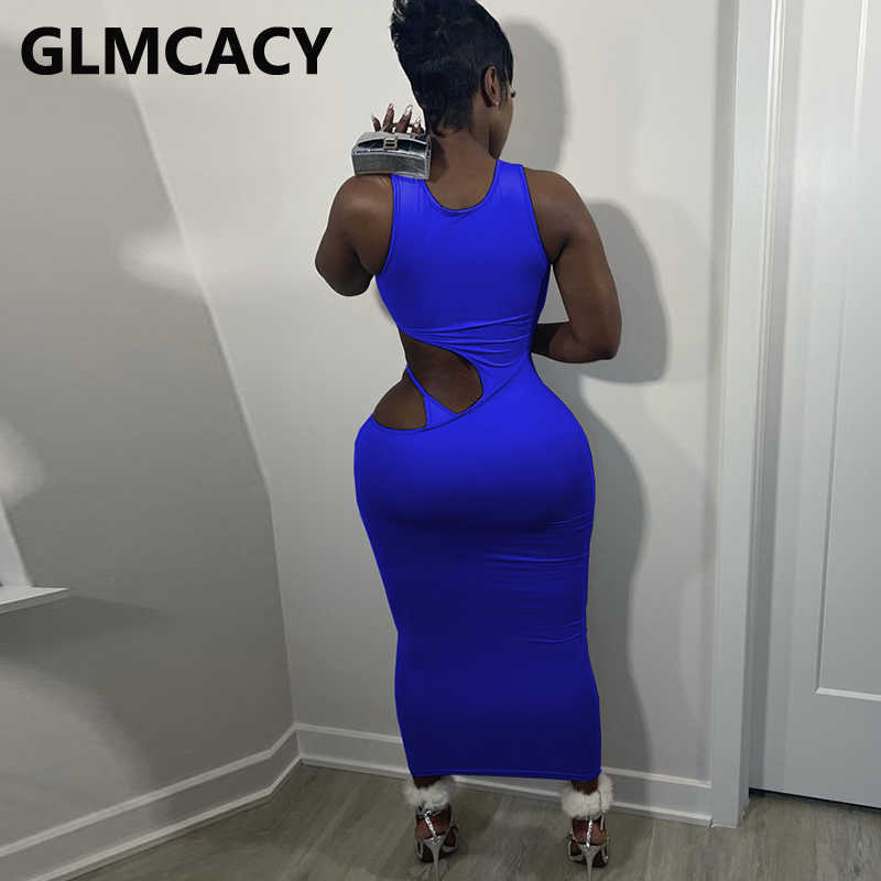 Sleeveless Cut Out Bodycon Maxi Dress Casual Solid Party Club Long Dresses 210702