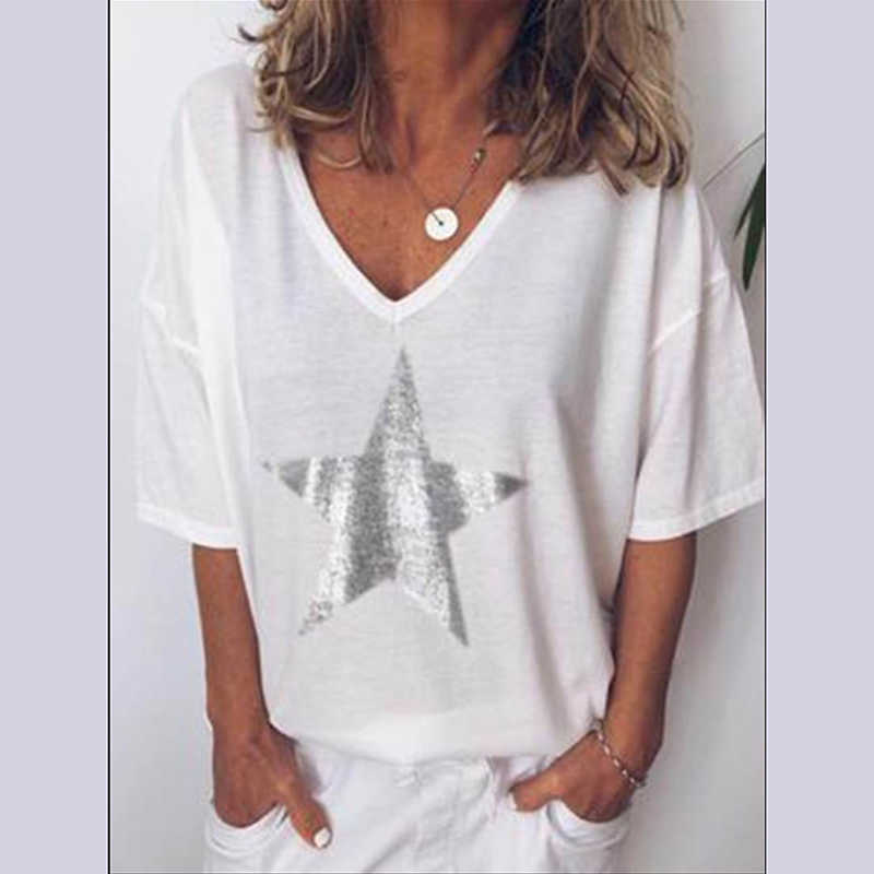 Summer Star Print T-Shirt Women Casual V Neck Short Sleeve Loose White Tee Tops Fashion Solid Color Basic T-Shirts Plus Size 5XL 210526