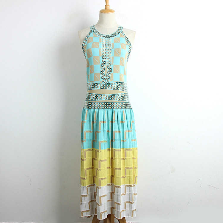 Summer Women Knitting Dress Sexy Halter Neck Sleeveless Bohemian Plaid Long Sweater Dress ladies Boho vestidos mujer 210630