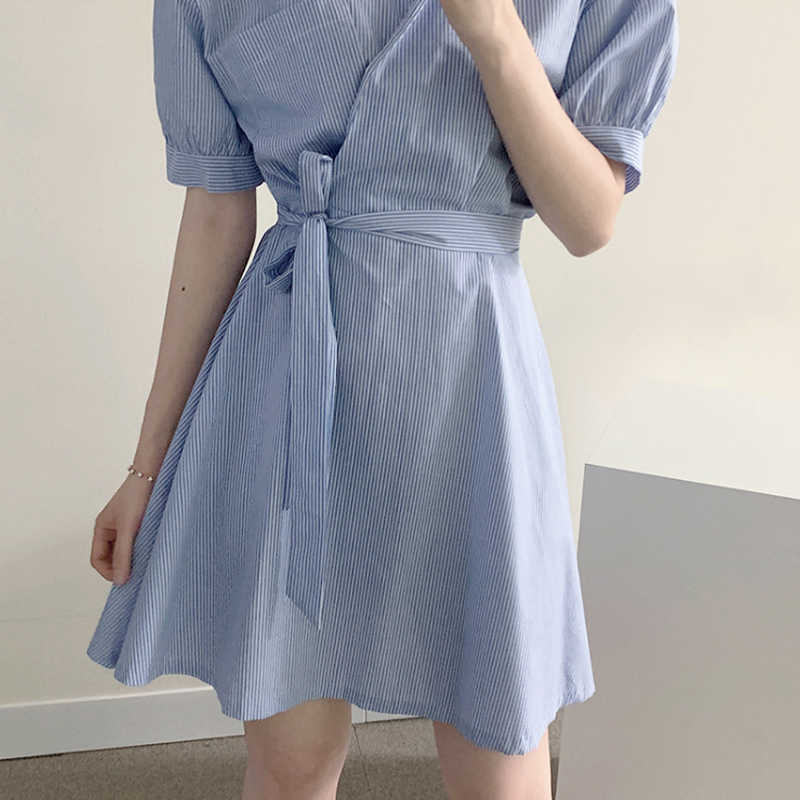 Striped Blouse Dresses Bow Tie Slim Waist Elegant Vestidos Summer Puff Sleeve Turn-down Collar Woman Dress 6H726 210603