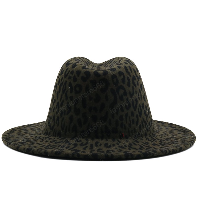 Wide Brim Army Green Leopard Red Bottom Fedora Ladies Wool Felt Hat Women Men Party Trilby Jazz Church Hats Patchwork Panama Cap