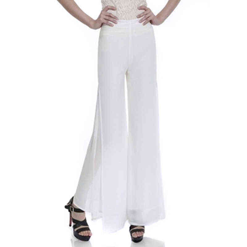 Sale Summer Female Wide Leg Pants Womens High Waist Double Layers Split Chiffon Loose Black Elegant Trousers 211115
