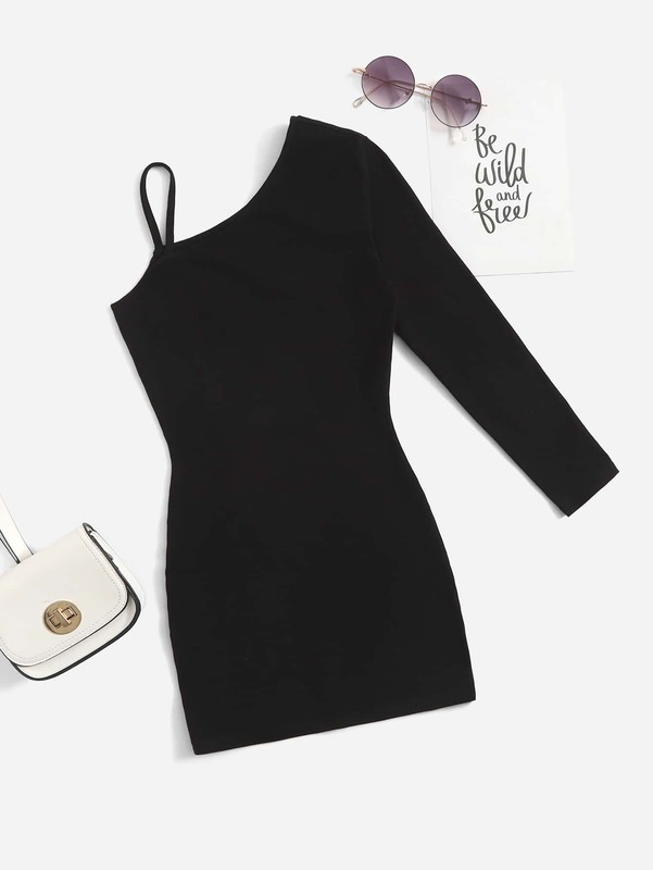 Girls Solid Asymmetrical Neck Dress SHE