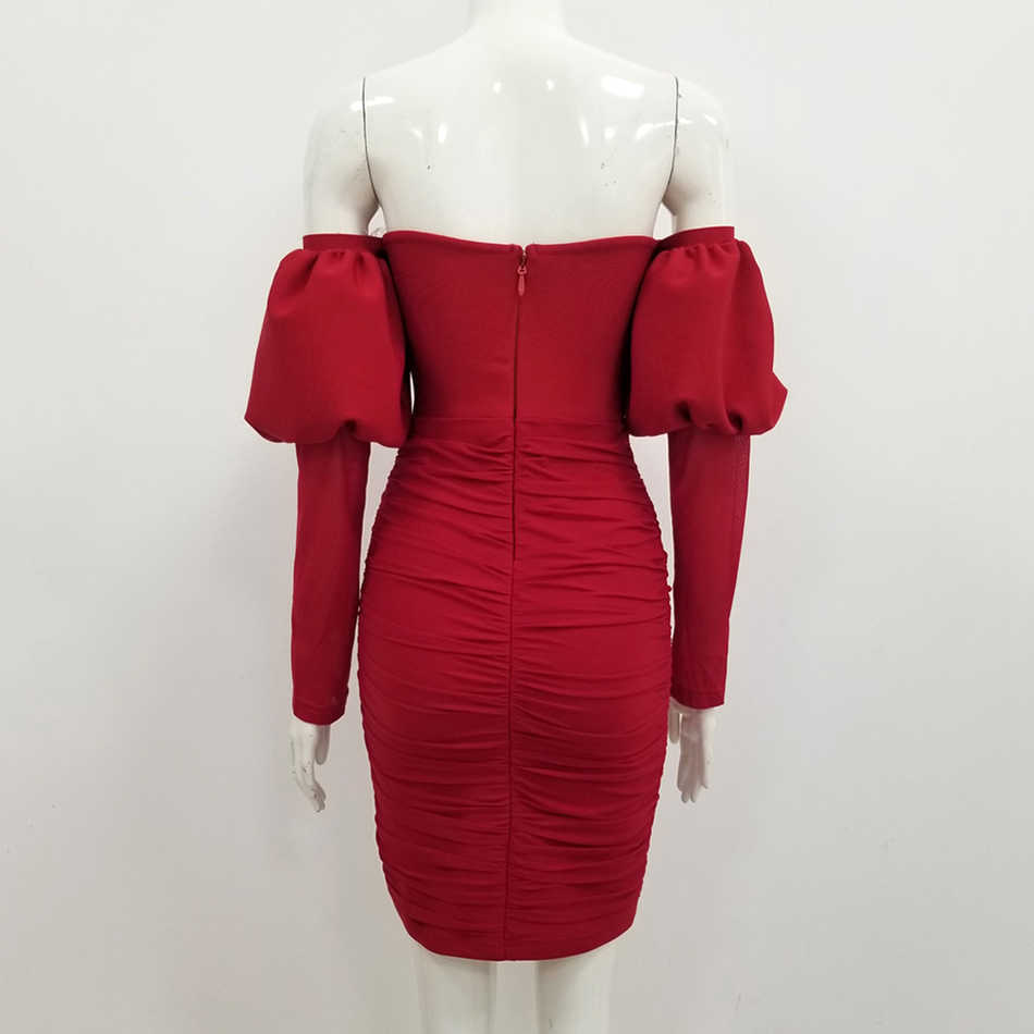 Summer Fashion Women's Red Skinny Strapless Folded Puff Sleeve No Bandage Dress Mini Sexy Celebrity Party 210527