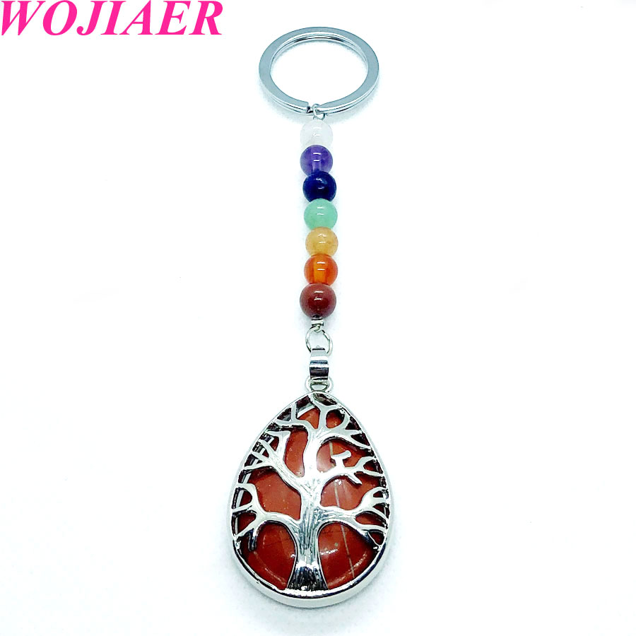 WOJIAER 7 Chakra Water Drop Natural Stone Pendant Key Rings Keychain Tree of Life Keyring Holder Men Women Birthday Gift BW910