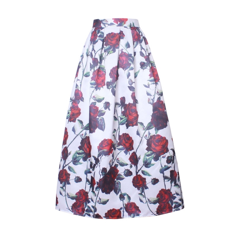 Skirts 23 Patterns Maxi Women Fashion Satin Flared Long Vintage Retro Rose Floral Print Pleated SK064 210621
