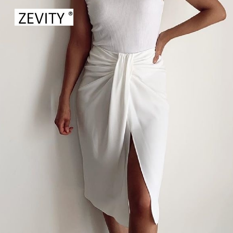 Zevity Women fashion black white color knotted split casual slim A line skirt faldas mujer ladies chic back zipper skirts QUN687 210309