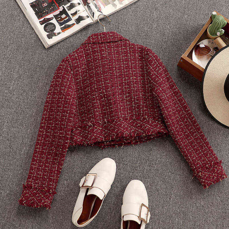 Autumn Winter Women Gold Double-breasted Tweed Short Jacket Coat + Bodycon Skirt Suit Tassels 2PCS Clothing Set Red Plaid 211106