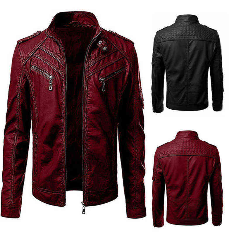Mens Leather Jacket Slim Fit Stand Collar PU Motorcycle Jacket Lightweight 211111