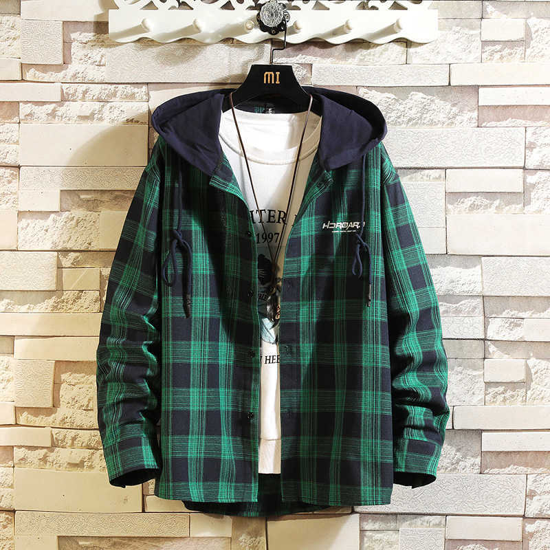 LIFENWENNA Hip Hop Plaid Long Sleeve Shirts Streetwear Mens Casual Hooded Tops Shirts Loose Shirt Streetwear For Men M-5XL 210528