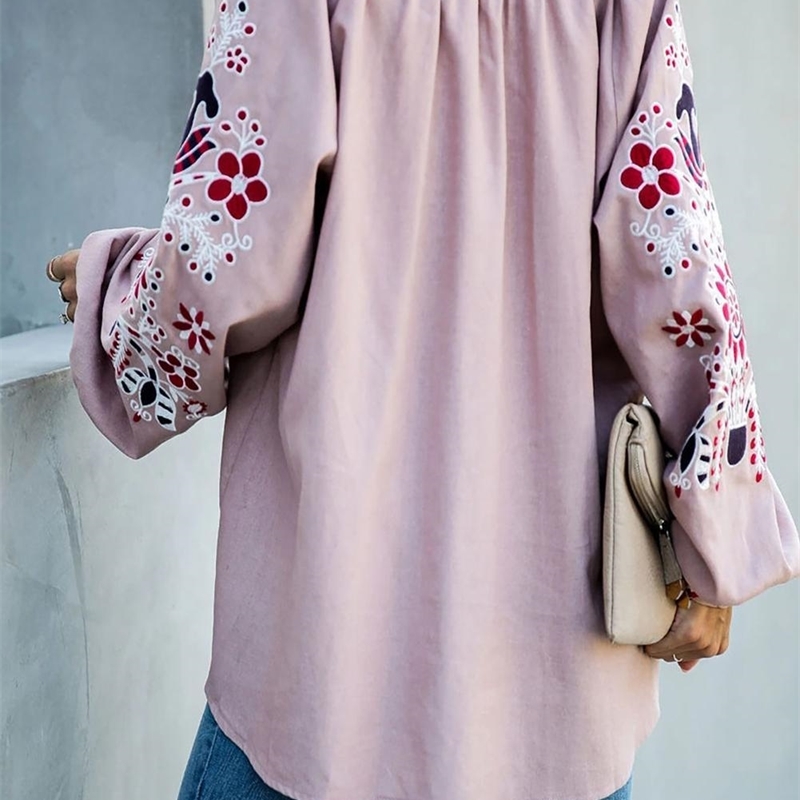 Green/Black/Blue/Pink Relaxing Fit Floral Embroidered Peasant Blouse Top Women Billowy Long Sleeves Casual Loose Autumn Blouse T200321