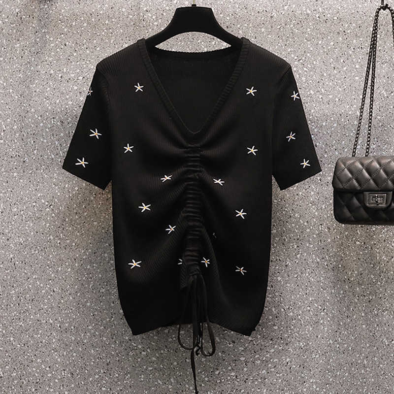 Sexy v-neck short-sleeved sweater bottoming shirt women's t-shirt slim thin Floral embroidery pullover spring summer 210604, Black
Sexy v-neck short-sleeved sweater bottoming shirt women's t-shirt slim thin Floral embroidery pullover spring summer 210604, Black