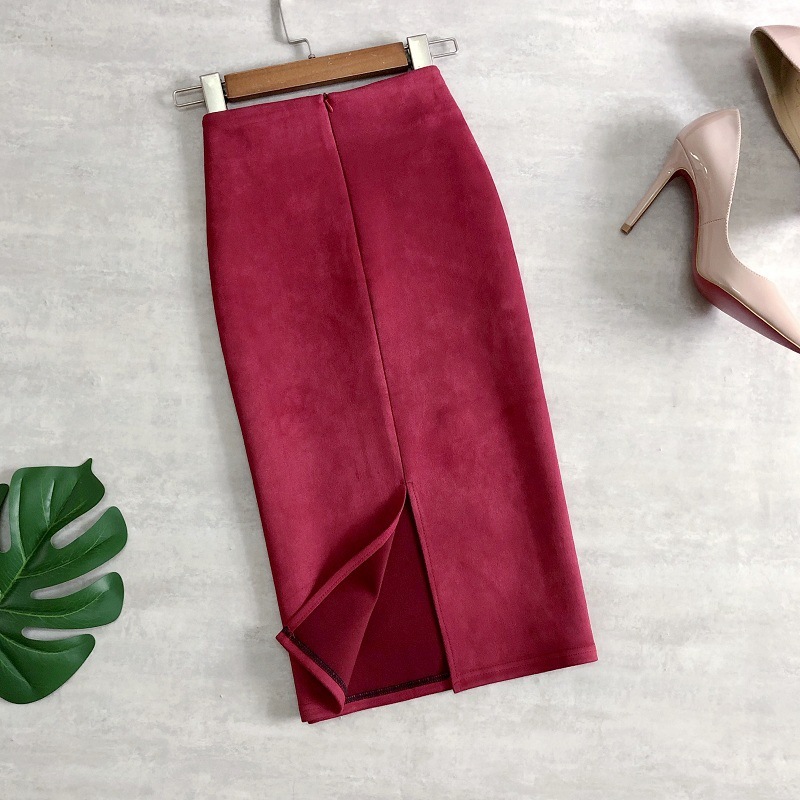 Autumn Winter Suede Skirt women PU Leather Skirt Multicolor Bag Hip Solid Color High Waist Slim Split OneStep Pencil Skirt 210306