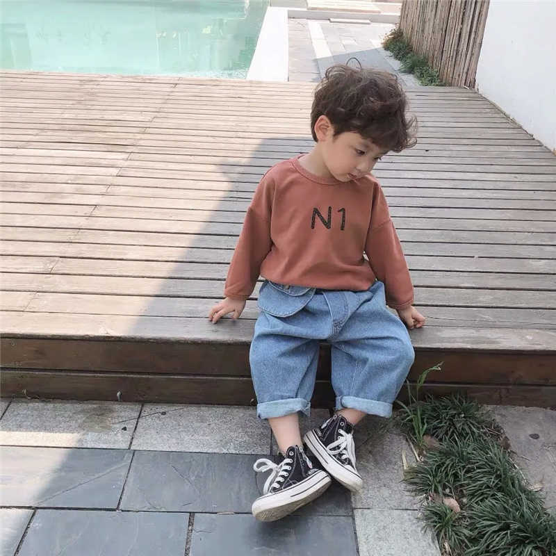 spring autumn boys girls pocket loose denim pants 1-6 years toddler kids casual all-match jeans 210615