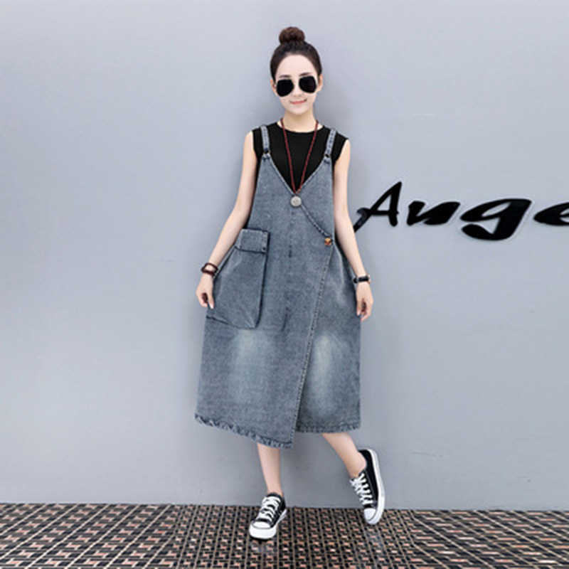 Metal Ring Adjustable Strap Big Pockets Jeans Dress Summer Sexy V-neck Korean Casual Loose Mid-length Black Denin Overalls 210604