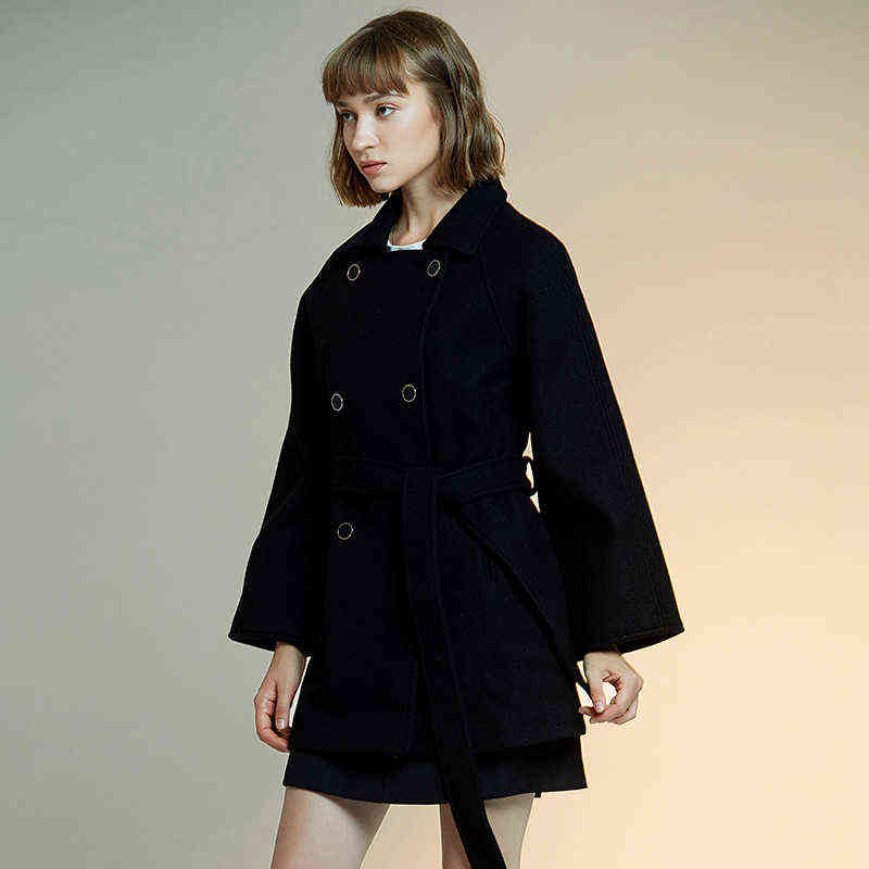 women's European and American style light mature pure color double row button woolen coat 211130