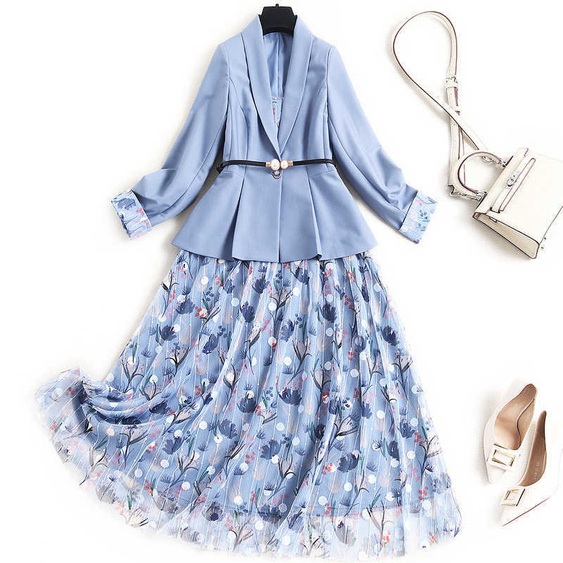 Fresh Elegant 2 Pcs Women Set Embroidery Print Mesh Patchwork Dresses + Solid Simple Blue Blazer with Sashes Spring 210525