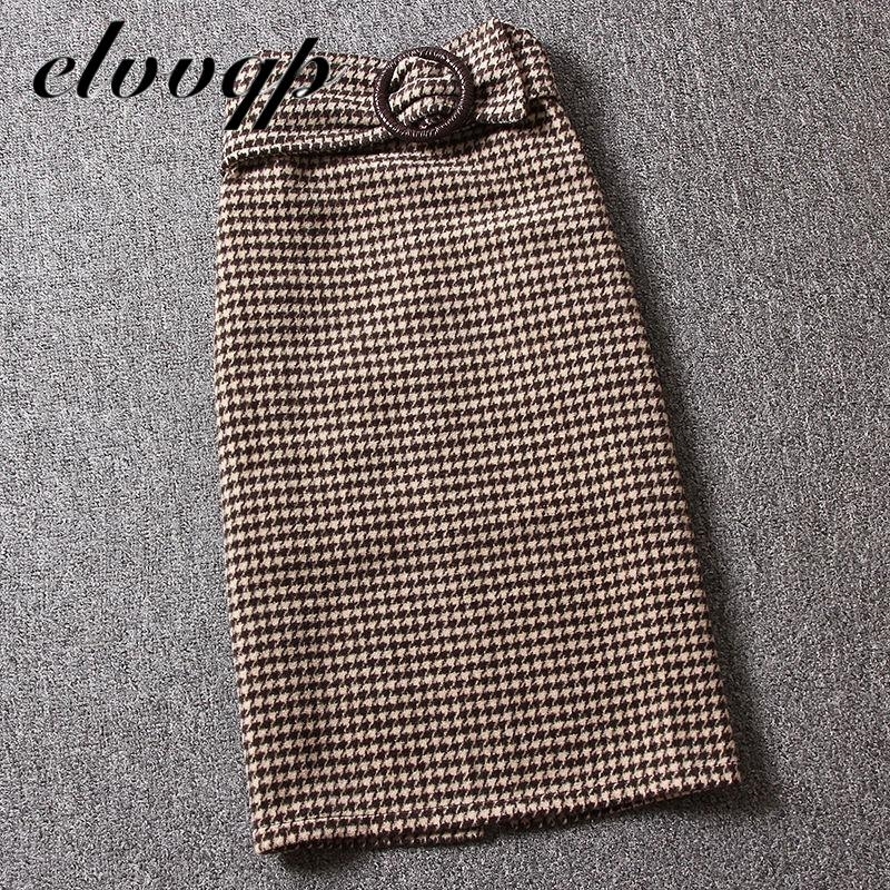 High Quality New Women Autumn Winter Harajuku Thickened Woolen Plaid Retro Skirt Female Elegant Office Work Skirts For Women 210303