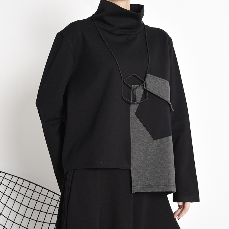 [EAM] Loose Fit Pocket Black Gray Sweatshirt New Turtleneck Long Sleeve Women Big Size Fashion Tide Spring Autumn LJ201130