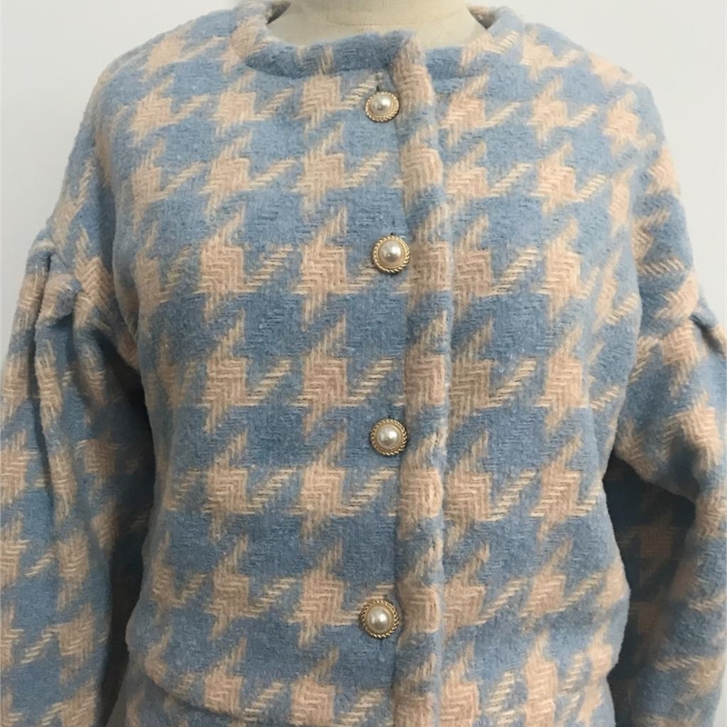 Women Pearl Button Check Gingham Plaid Blazer High Waist A line Mini Short Skirts Long Sleeve Suits 2 Pieces Set