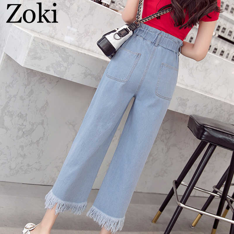 Zoki Spring Plus Size Women Jeans Tassel High Waist Elastic AnkleLength Denim Pants Fashion Loose Wide leg Female S5XL 210922