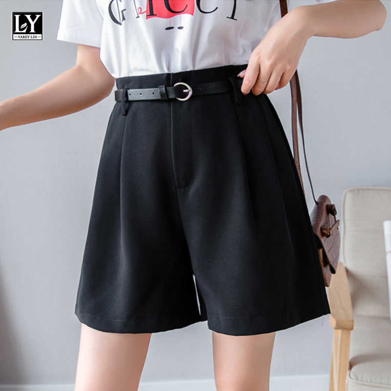 LY VAREY LIN Spring Summer Casual Female Wide Leg Loose Streetwear Shorts Women High Waist Solid Color with Belt 210526