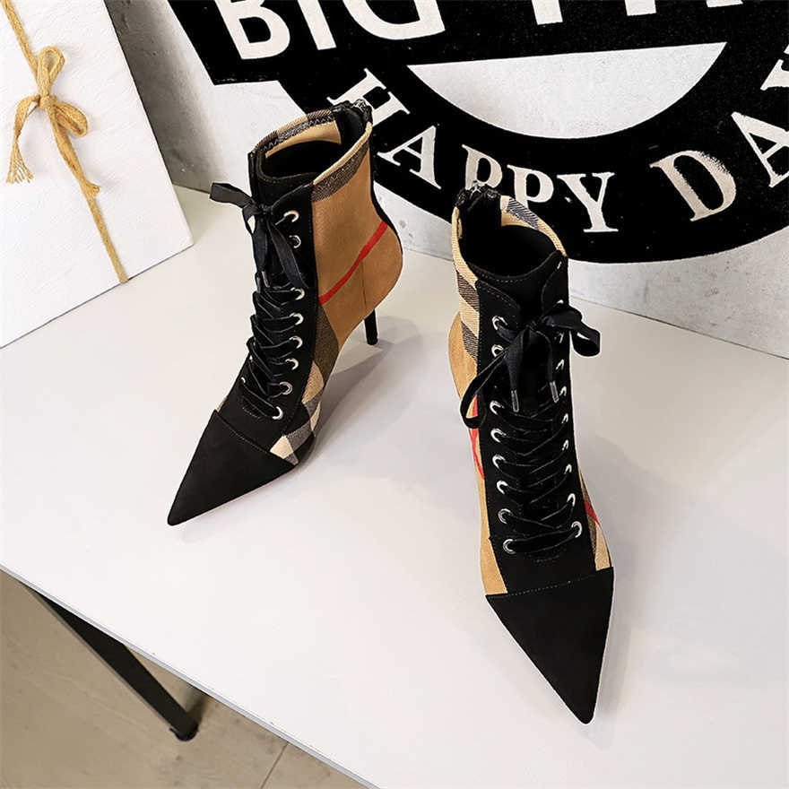 Hot Plaid Patchwork Flock Leather Boots Women's Fashion 8cm High Heels Ankle Pumps Pointed Toe Lace-Up Casual Ladies Short Boots Y0914