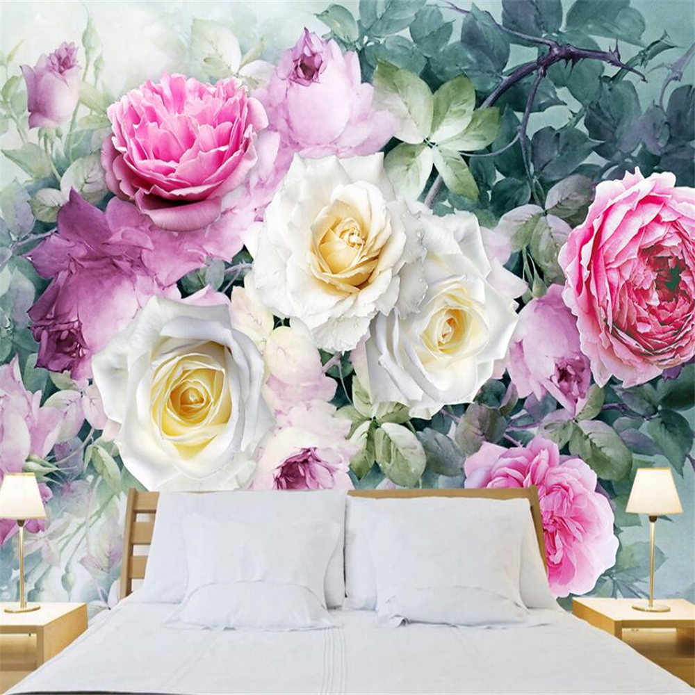 Rose cluster three-dimensional watercolor wall custom large mural green wallpaper papel de parede para quarto