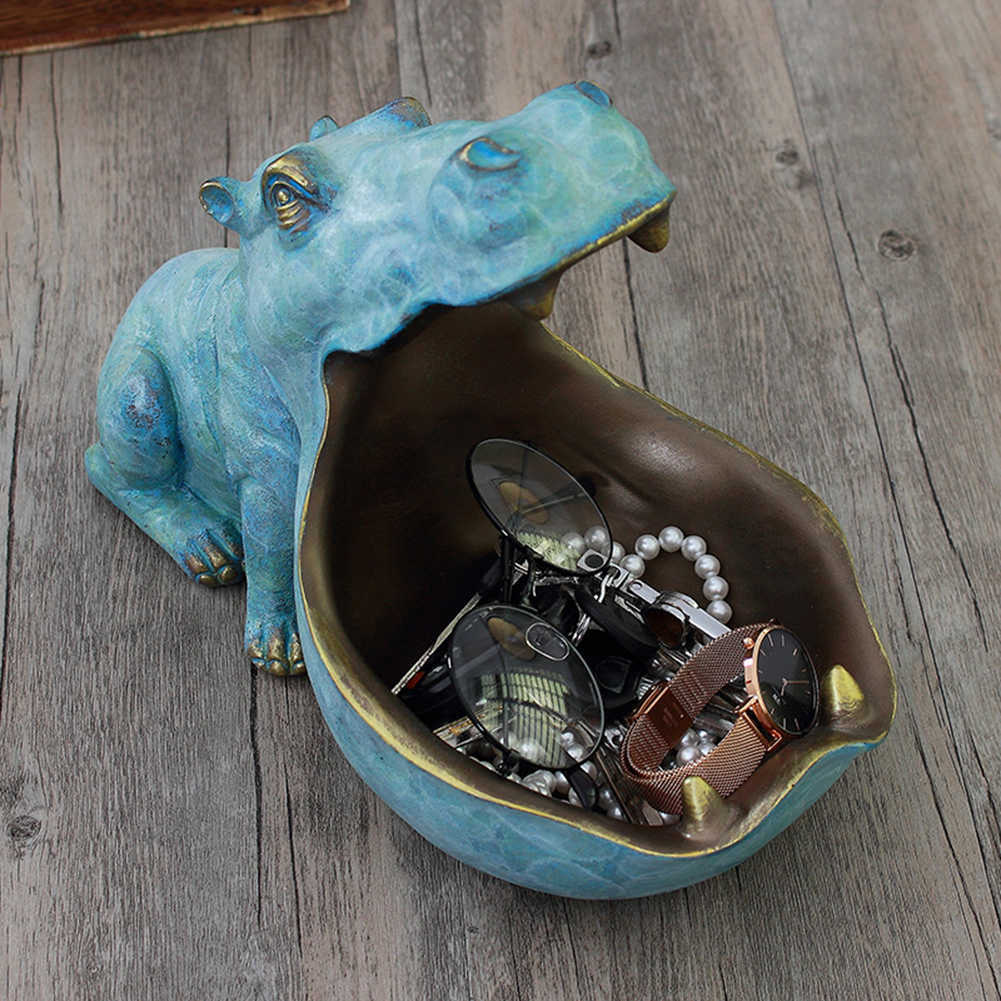Resin Hippo Statue Hippopotamus Sculpture Figurine Key Candy Container Sundries Storage Holder Home Table Artware Desk Decor 210804 - view 4