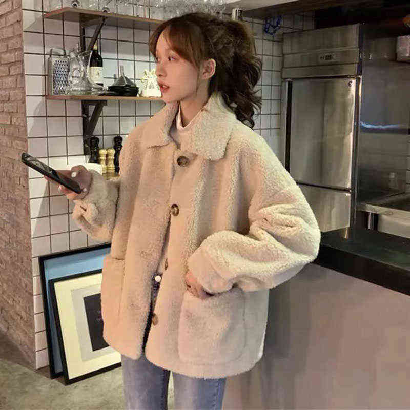 Lucyever Autumn Winter Lamb Wool Coat Women Korean Turndown Collar Teddy Overcoat Female Harajuku Warm Faux Fur Jackets Outwear 211123