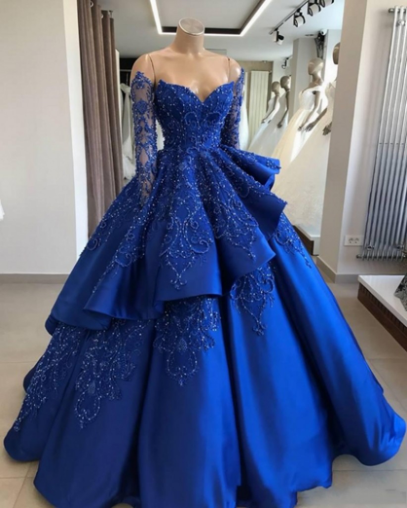 2022 Royal Blue Vintage Ball Gown Quinceanera Dresses Off Shoulder Long Sleeves Beads Sequined Vestidos De 15 Anos Sweet 16 Prom Formal Dress