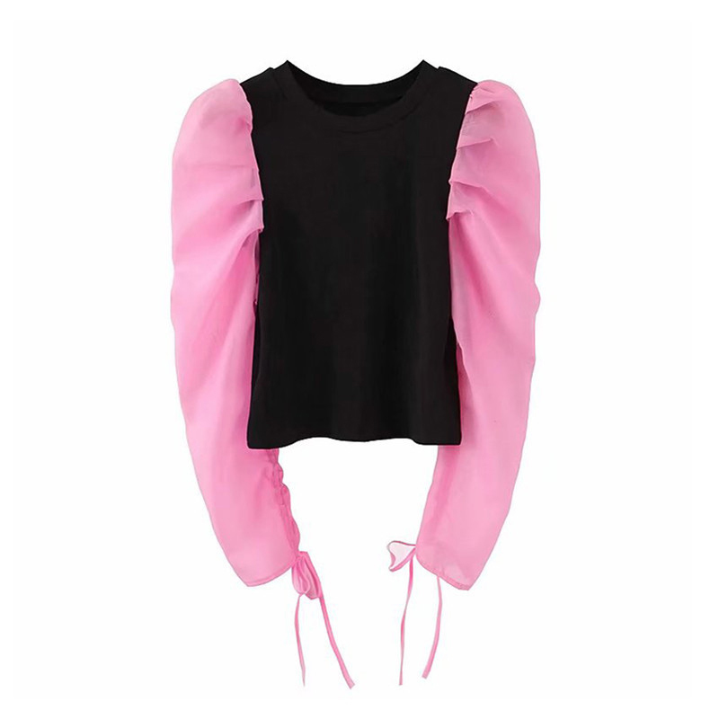 Women sweet patchwork blouse O neck long puff sleeve shirt female office wear basic cute tops blusas 210225