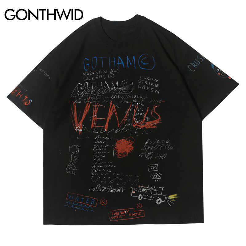 GONTHWID Hip Hop Graffiti Print Short Sleeve T-Shirts Streetwear Harajuku Casual Loose Tees Men Fashion Summer Tshirts Tops 210623