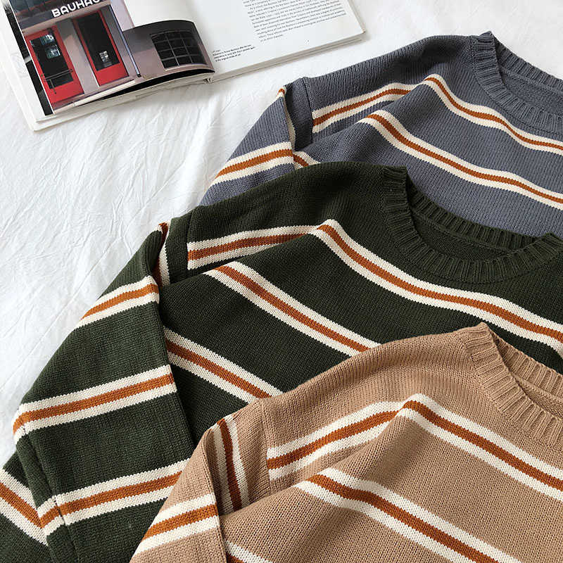 Vintage Stripe Sweaters Women Loose Oversize Korean Style Pullover Top Autumn Winter Long Sleeve Knitted Sweater Femme 210918
