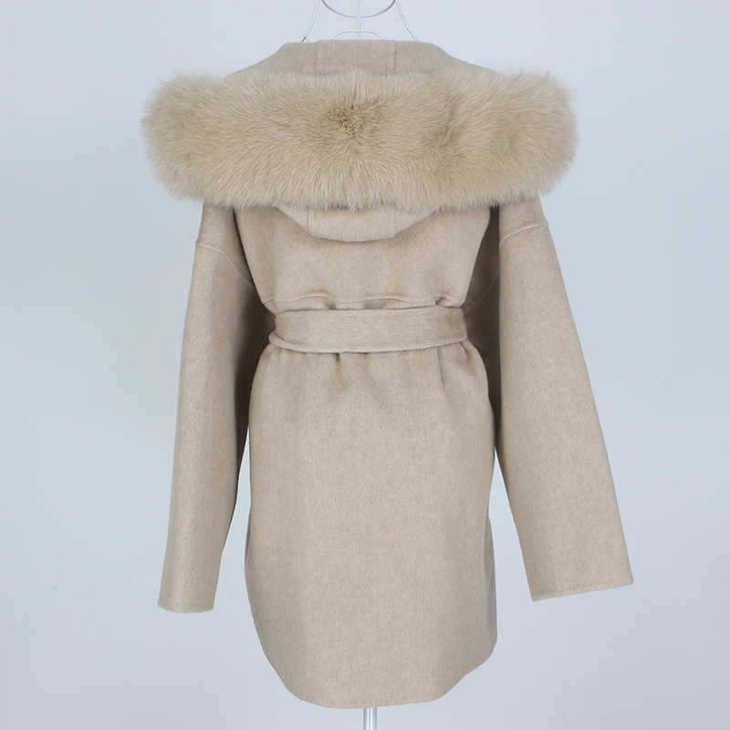 OFTBUY Oversize Loose Cashmere Wool Blends Real Fur Coat Winter Jacket Women Natural Fur Collar Hood Outerwear Belt 211013