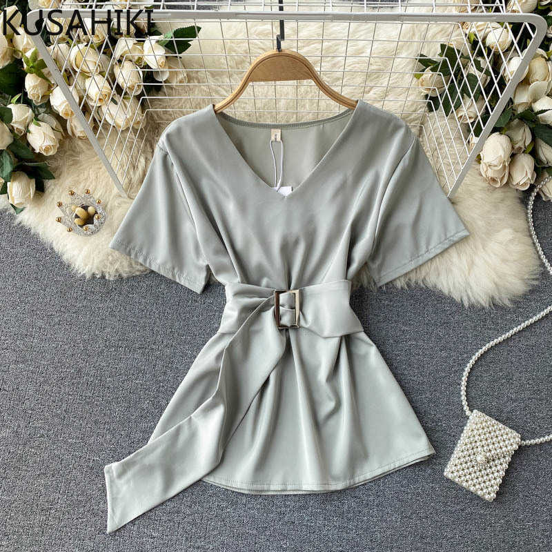 KUSAHIKI Women Blouses Summer Short Sleeve V-neck Blusas Femme Korean Belt Elegant Slim Waist Solid Shirt Feminimo 6G902 210602, White
KUSAHIKI Women Blouses Summer Short Sleeve V-neck Blusas Femme Korean Belt Elegant Slim Waist Solid Shirt Feminimo 6G902 210602, White