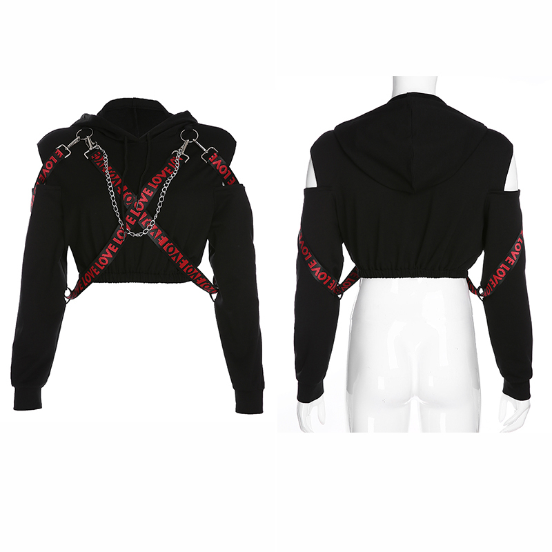 Rockmore Gothic Punk Style Hollow Out Hoodies Crop Top Women Hooded Sweatshirt Plus Size Hoodie Loose Chain Pullovers Ladies 201030