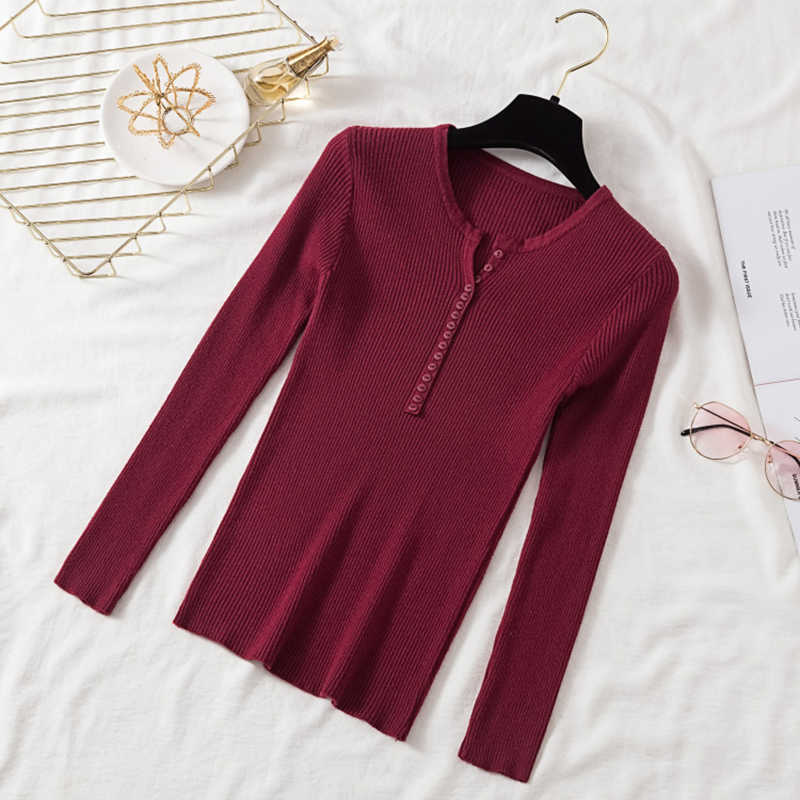 AOSSVIAO Autumn Winter Button V Neck Sweater Women Basic Slim Pullover Sweaters And Pullovers Knit Jumper Ladies Tops 211018