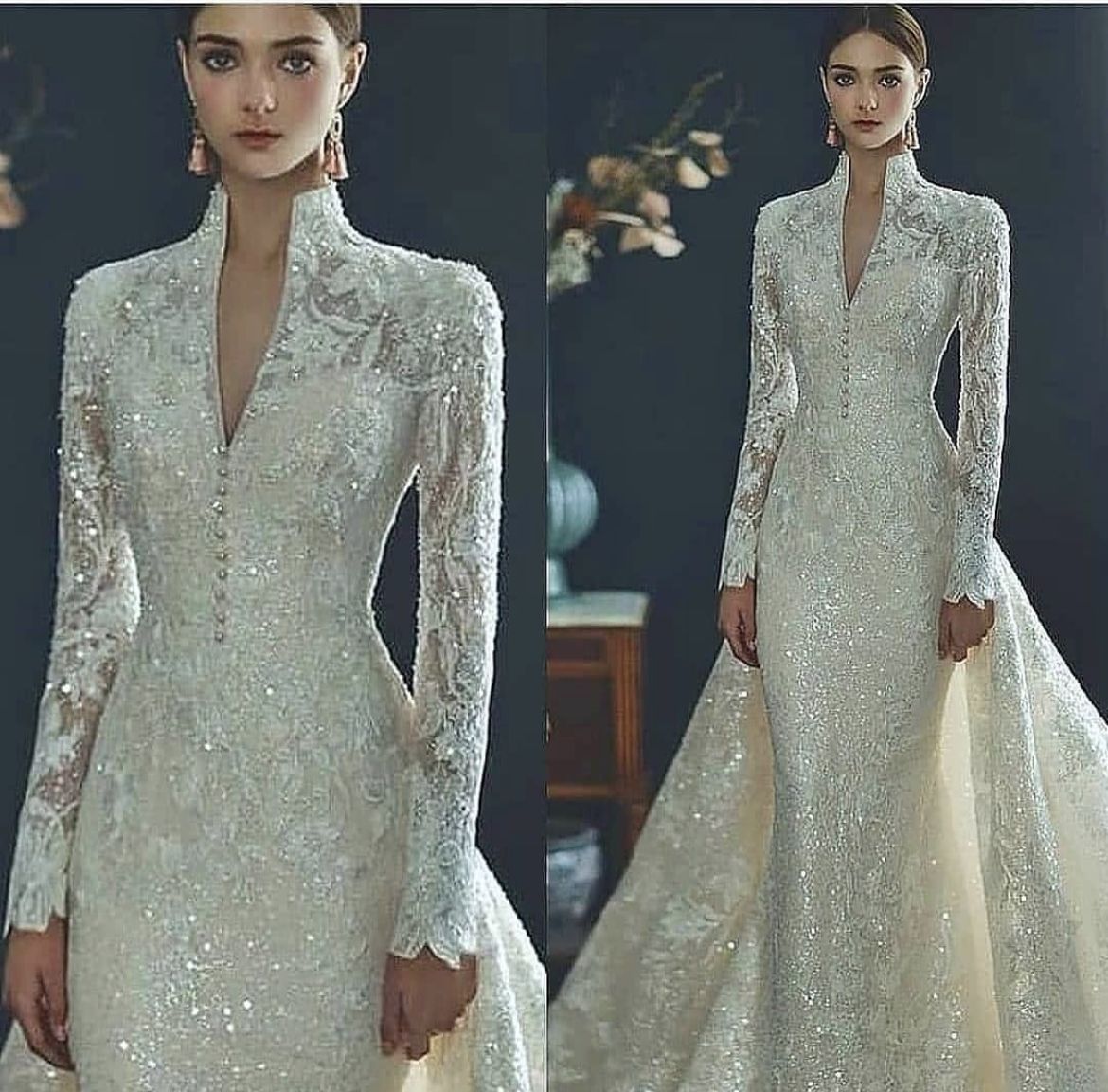 Elegant Mermaid Bridal Gowns High Neck Long Sleeves Custom Made Applique Race Wedding Dresses Court Train Satin Ruched Tulle Beach Vestido De Noiva