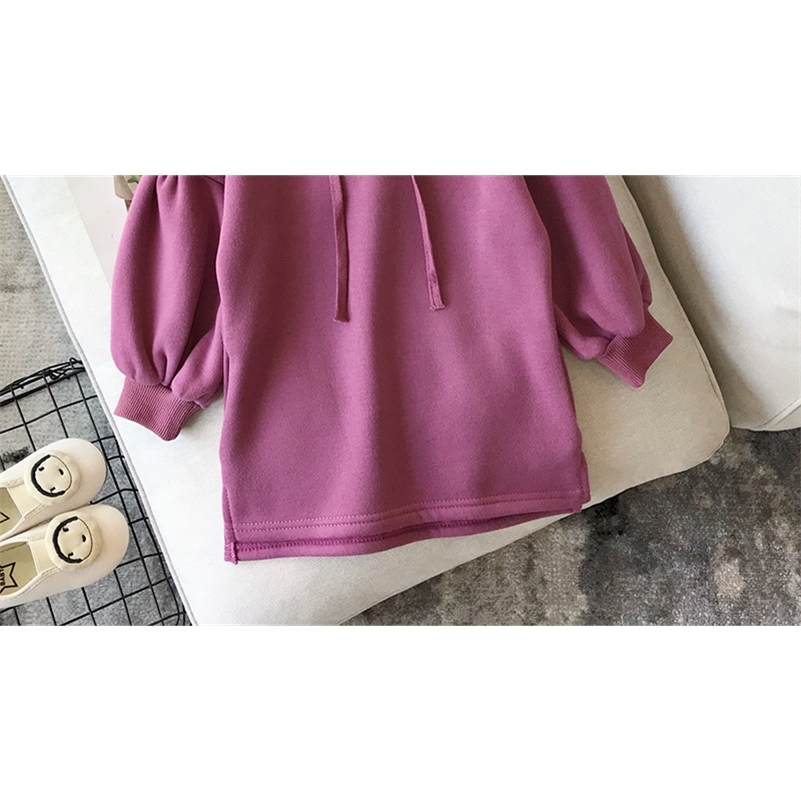 Girls Winter Dress Long Sleeve Hooded Casual Thick Warm Cute Solid Dress for Kids Girl Hoody Shirt Flee Dress Children Clothing 210306