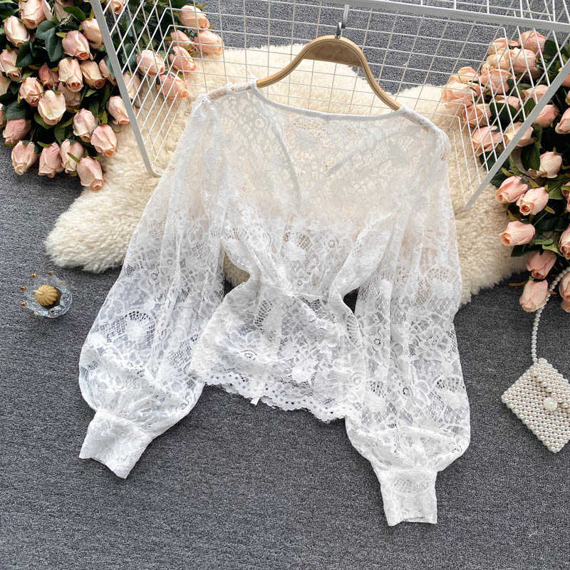 Women Fashion Perspective Lace Tops Lady V Neckline Buckled Long Sleeves Shirt Solid Color Camisas Mujer Blouse Clothes S406 210527