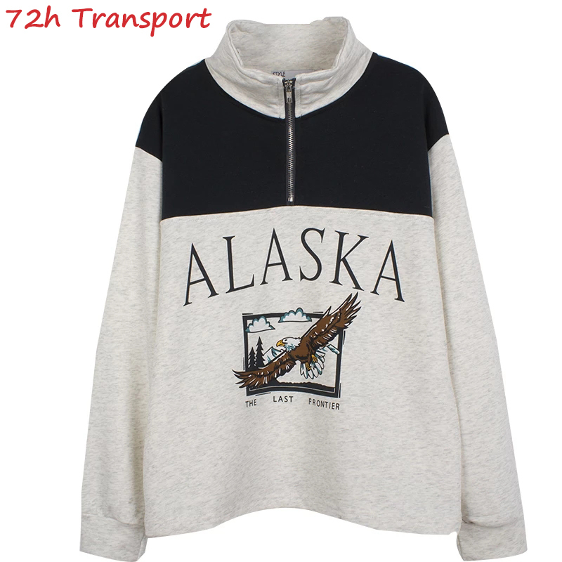 Vintage Hoody Fashion Womens Cotton Stand Collar Half Zipper Alaska Letter Printing Long Sleeve Sweatshirts Casual Loose Hoodies 201217