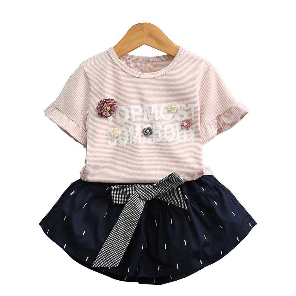 Arrivals Summer Children Sets Short Sleeve Decorative Flowers T-Shirt Bow Black Skirt Cute 2Pcs Girls Clothes 2-7T 210629