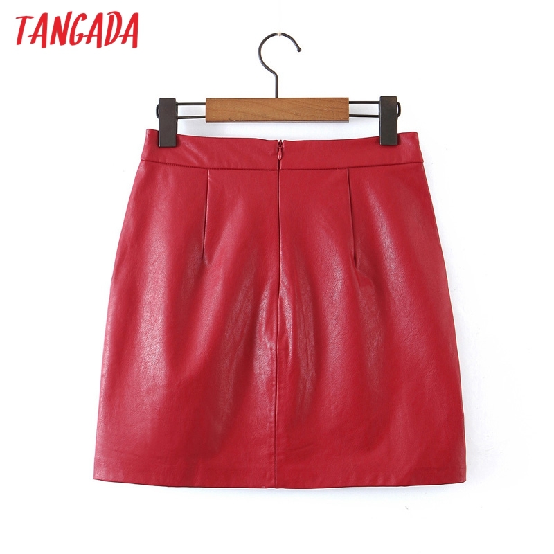 Tangada Autumn Winter Women Red Faux Leather Skirts Faldas Mujer Zipper Female Mini Skirt 8H18 210309